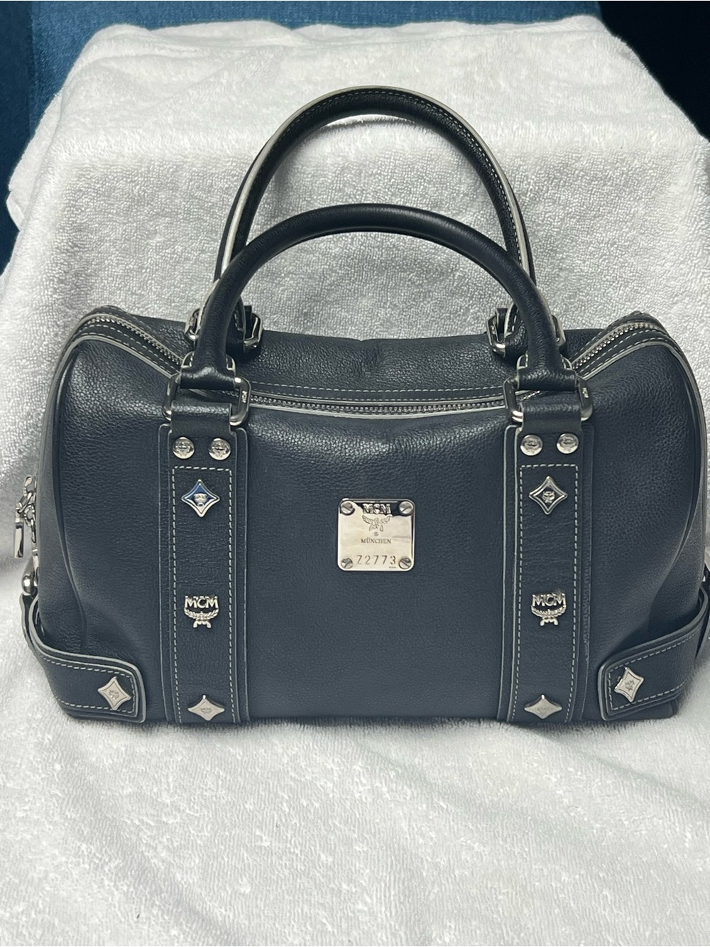 Authentic MCM Black Pebbled Leather Boston Satchel Crossbody Bag Silver Hardware